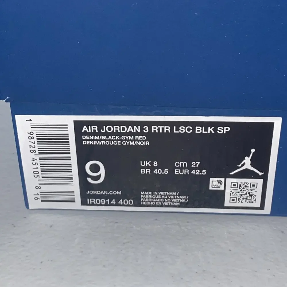 Jordan 3 Retro Levis Black Denim Sneakers IR0914-400 Mens‎ Size 9